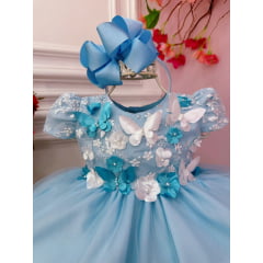 Vestido Infantil Bebê Azul C/ Renda Jardim Encantado Pérolas