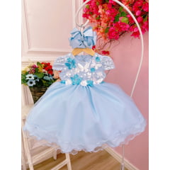 Vestido Infantil Bebê Azul C/ Renda Jardim Encantado Pérolas