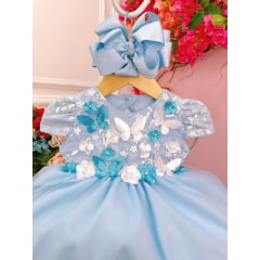 Vestido Infantil Bebê Azul C/ Renda Jardim Encantado Pérolas