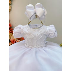 Vestido Infantil Bebê Branco C/ Busto Nervura Batizados