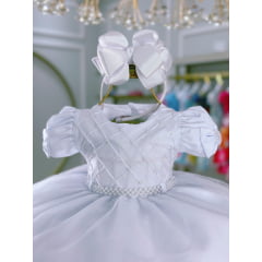 Vestido Infantil Bebê Branco C/ Busto Nervura Batizados