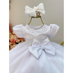 Vestido Infantil Bebê Branco Pérolas e Broche Laço Batizados