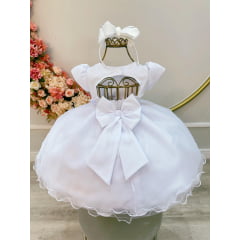 Vestido Infantil Bebê Branco Pérolas e Broche Laço Batizados