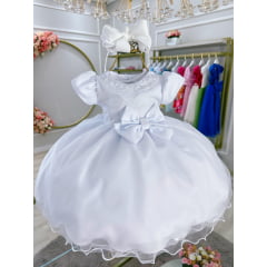 Vestido Infantil Bebê Branco Pérolas e Broche Laço Batizados