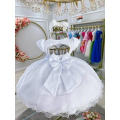 Vestido Infantil Bebê Branco Pérolas e Broche Laço Batizados