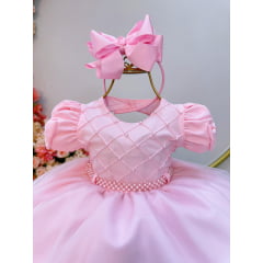 Vestido Infantil Bebê Rosa C/ Busto Nervura Batizados