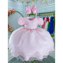 Vestido Infantil Bebê Rosa C/ Busto Nervura Batizados