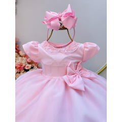 Vestido Infantil Bebê Rosa C/ Pérolas e Broche Laço Batizados