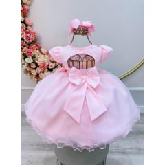 Vestido Infantil Bebê Rosa C/ Pérolas e Broche Laço Batizados