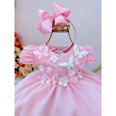 Vestido Infantil Bebê Rosa C/ Renda Jardim Encantado Pérolas