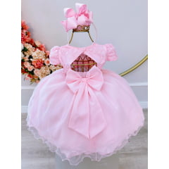 Vestido Infantil Bebê Rosa C/ Renda Jardim Encantado Pérolas