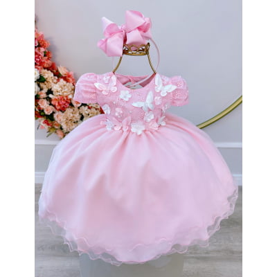 Vestido Infantil Bebê Rosa C/ Renda Jardim Encantado Pérolas