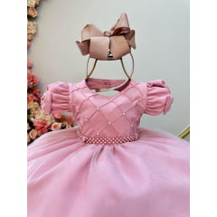 Vestido Infantil Bebê Rose C/ Busto Nervura Batizados