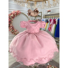 Vestido Infantil Bebê Rose C/ Busto Nervura Batizados