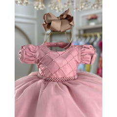 Vestido Infantil Bebê Rose C/ Busto Nervura Batizados