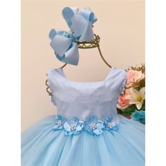 Vestido Infantil Bebê Azul Batizado Aplique Flores Pérolas