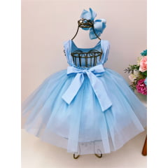 Vestido Infantil Bebê Azul Batizado Aplique Flores Pérolas