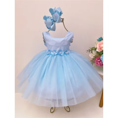 Vestido Infantil Bebê Azul Batizado Aplique Flores Pérolas
