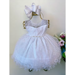 Vestido Infantil Bebê Branco C/ Bolinas Strass e Pérolas
