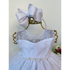 Vestido Infantil Bebê Branco C/ Bolinas Strass e Pérolas