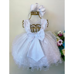 Vestido Infantil Bebê Branco C/ Bolinas Strass e Pérolas