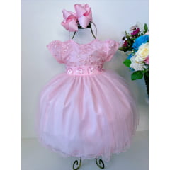 Vestido Infantil Bebê Rosa C/ Renda Aplique Flores Pérolas