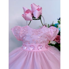 Vestido Infantil Bebê Rosa C/ Renda Aplique Flores Pérolas