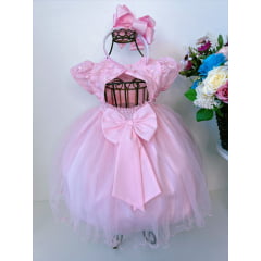 Vestido Infantil Bebê Rosa C/ Renda Aplique Flores Pérolas