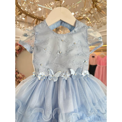 Vestido Bebê Azul Claro Jardim Encantado Batizado Festas