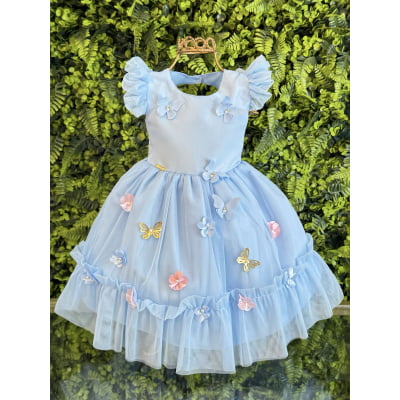 Vestido Bebê Azul Claro Jardim Encantado Luxo
