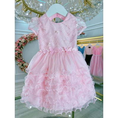 Vestido Bebê Rosa Claro Jardim Encantado Batizado Festas
