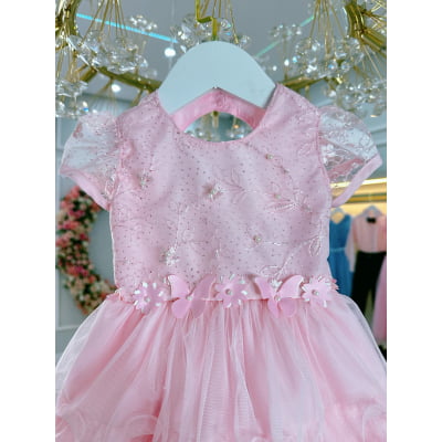 Vestido Bebê Rosa Claro Jardim Encantado Batizado Festas