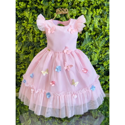 Vestido Bebê Rosa Claro Jardim Encantado Luxo