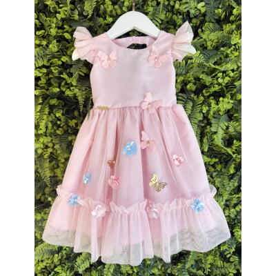 Vestido Bebê Rosa Claro Jardim Encantado Luxo