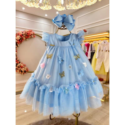 Vestido Infantil Bebê Azul Bebê Jardim Encantado Luxo