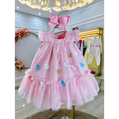 Vestido Infantil Bebê Rosa Bebê Jardim Encantado Luxo