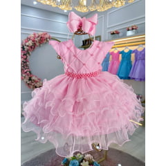 Vestido Bebê Batizado Festas Rosa Saia Com Babados Luxo
