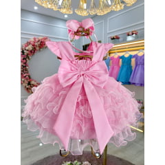Vestido Bebê Batizado Festas Rosa Saia Com Babados Luxo