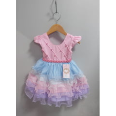 Vestido Bebê Rosa Busto Com Nervura Saia Babados Coloridos