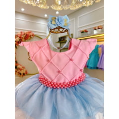 Vestido Bebê Rosa Busto Com Nervura Saia Babados Coloridos