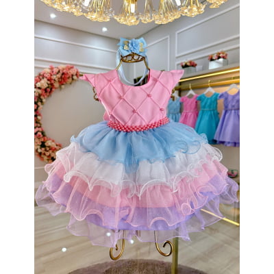 Vestido Bebê Rosa Busto Com Nervura Saia Babados Coloridos
