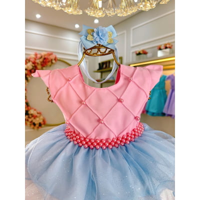 Vestido Bebê Rosa Busto Com Nervura Saia Babados Coloridos