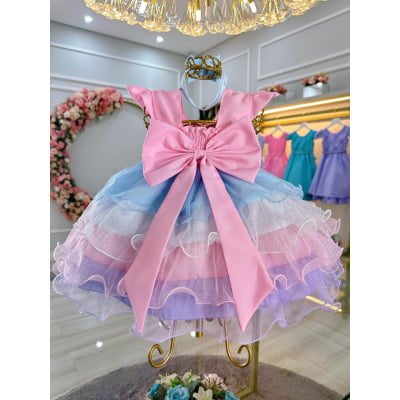 Vestido Bebê Rosa Busto Com Nervura Saia Babados Coloridos