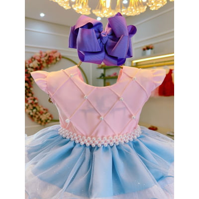 Vestido Bebê Rosa Busto Nervura Saia Babados Coloridos