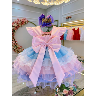 Vestido Bebê Rosa Busto Nervura Saia Babados Coloridos