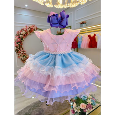 Vestido Bebê Rosa Busto Nervura Saia Babados Coloridos