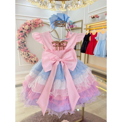 Vestido Bebê Rosa Busto Nervura Saia com Babados Coloridos
