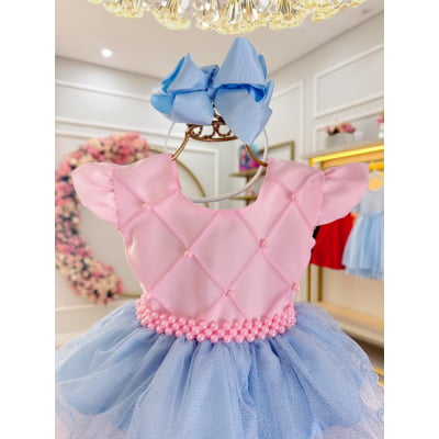 Vestido Bebê Rosa Busto Nervura Saia com Babados Coloridos