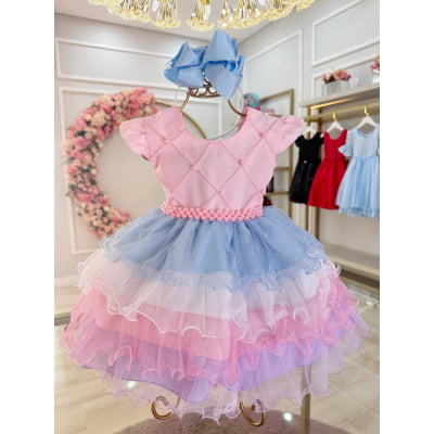 Vestido Bebê Rosa Busto Nervura Saia com Babados Coloridos