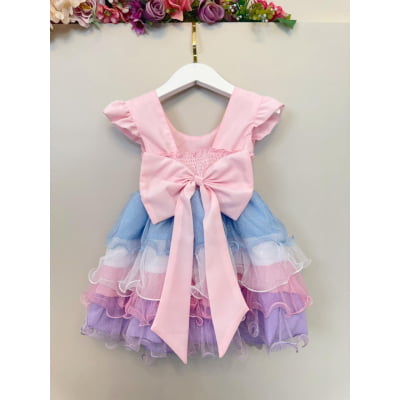 Vestido Bebê Rosa Busto Nervura Saia com Babados Coloridos